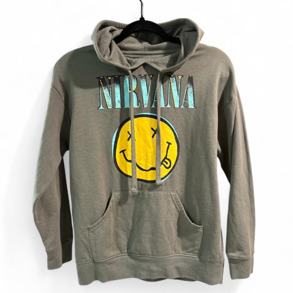 Nirvana Gray Green Graphic Hoodie Womens Small Smiley Face Grunge Rock Band